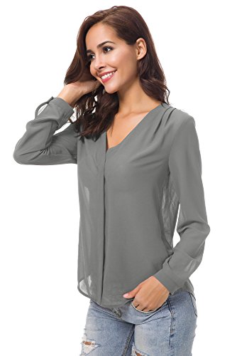 Urban GoCo Blusa de Gasa con Escote en V Mangas Largas y el Dobladillo en el Hombro para Mujeres (XL, Gris)