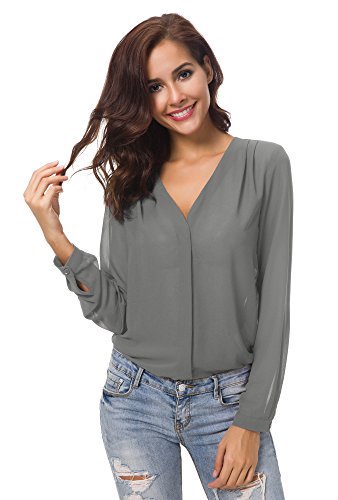 Urban GoCo Blusa de Gasa con Escote en V Mangas Largas y el Dobladillo en el Hombro para Mujeres (XL, Gris)