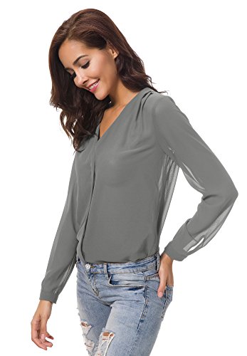 Urban GoCo Blusa de Gasa con Escote en V Mangas Largas y el Dobladillo en el Hombro para Mujeres (XL, Gris)