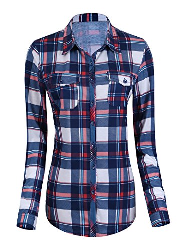 Urban GoCo Camisas Clásica de Mangas Largas y de Tartan con Botones Abajo para Mujeres (XL, 1)