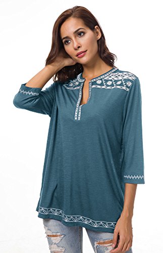 Urban GoCo Mujer Camisas Manga 3/4 Boho Blusa Bordado T-Shirt Tops (Medium, Azul Tinta)