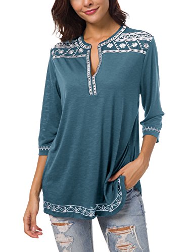Urban GoCo Mujer Camisas Manga 3/4 Boho Blusa Bordado T-Shirt Tops (Medium, Azul Tinta)