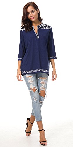 Urban GoCo Mujer Camisas Manga 3/4 Boho Blusa Bordado T-Shirt Tops (X-Large, Azul Marino)