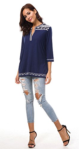 Urban GoCo Mujer Camisas Manga 3/4 Boho Blusa Bordado T-Shirt Tops (X-Large, Azul Marino)