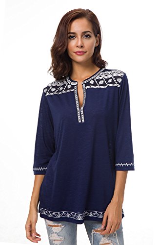 Urban GoCo Mujer Camisas Manga 3/4 Boho Blusa Bordado T-Shirt Tops (X-Large, Azul Marino)
