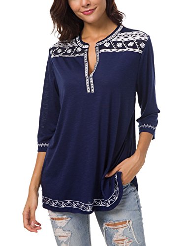 Urban GoCo Mujer Camisas Manga 3/4 Boho Blusa Bordado T-Shirt Tops (X-Large, Azul Marino)