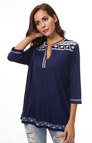 Urban GoCo Mujer Camisas Manga 3/4 Boho Blusa Bordado T-Shirt Tops (X-Large, Azul Marino)