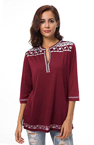 Urban GoCo Mujer Camisas Manga 3/4 Boho Blusa Bordado T-Shirt Tops (X-Large, Vino Rojo)