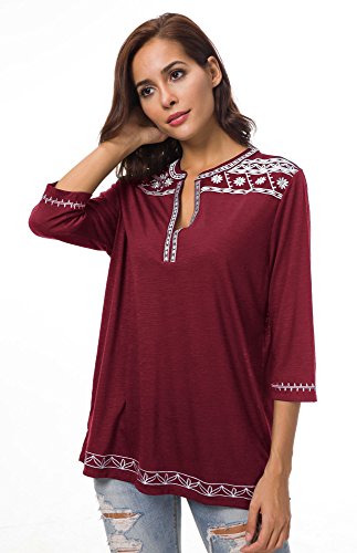 Urban GoCo Mujer Camisas Manga 3/4 Boho Blusa Bordado T-Shirt Tops (X-Large, Vino Rojo)