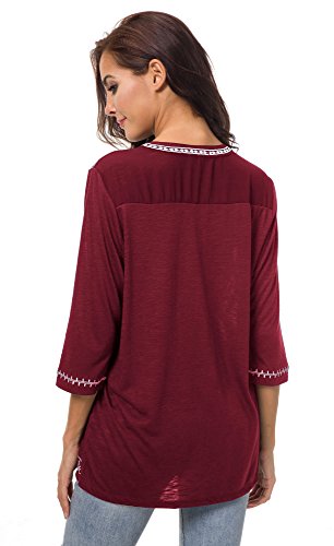 Urban GoCo Mujer Camisas Manga 3/4 Boho Blusa Bordado T-Shirt Tops (X-Large, Vino Rojo)