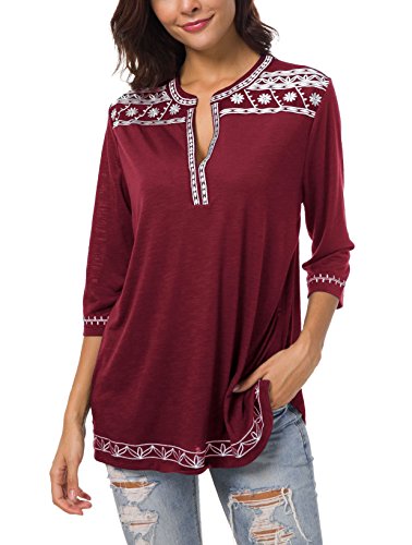 Urban GoCo Mujer Camisas Manga 3/4 Boho Blusa Bordado T-Shirt Tops (X-Large, Vino Rojo)