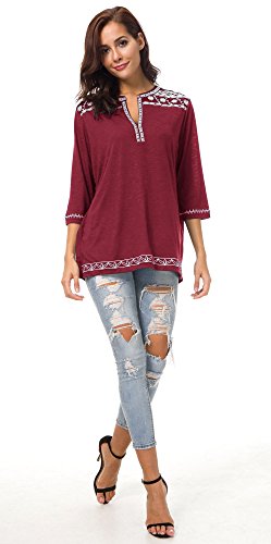 Urban GoCo Mujer Camisas Manga 3/4 Boho Blusa Bordado T-Shirt Tops (X-Large, Vino Rojo)