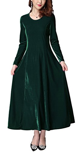 Urban GoCo Mujeres Elegante Vestidos Terciopelo Largo Vestido Manga Larga Maxi Vestidos para Cóctel Fiesta Verde S