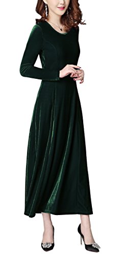 Urban GoCo Mujeres Elegante Vestidos Terciopelo Largo Vestido Manga Larga Maxi Vestidos para Cóctel Fiesta Verde S