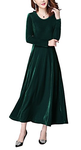 Urban GoCo Mujeres Elegante Vestidos Terciopelo Largo Vestido Manga Larga Maxi Vestidos para Cóctel Fiesta Verde S