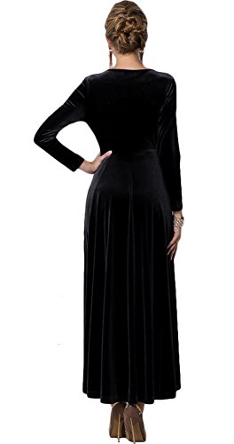 Urban GoCo Mujeres Vestidos Terciopelo Largo Elegante V-Cuello Manga Larga Maxi Vestidos para Cóctel Fiesta (2XL, Negro)