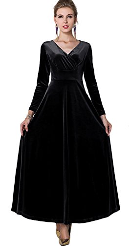 Urban GoCo Mujeres Vestidos Terciopelo Largo Elegante V-Cuello Manga Larga Maxi Vestidos para Cóctel Fiesta (2XL, Negro)