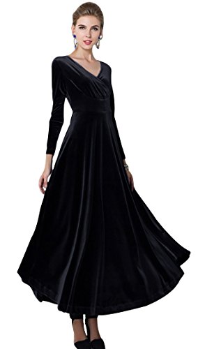 Urban GoCo Mujeres Vestidos Terciopelo Largo Elegante V-Cuello Manga Larga Maxi Vestidos para Cóctel Fiesta (2XL, Negro)