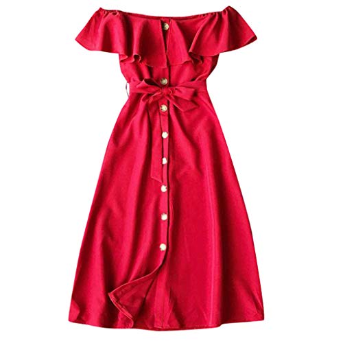 URIBAKY Verano Mujer Playa Casual Vestido Delgado Cuello con Volantes Sin Mangas Definir Cintura Faja A-Line Vestidos Color SóLido Falda Larga Dobladillo Largo con BotóN