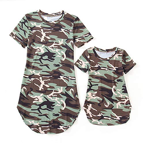 Usmley Verano Familia Madre e Hija Mini Vestido de Cuello Redondo Manga Corta Dobladillo Camuflaje Impresa Casual Falda de Playa