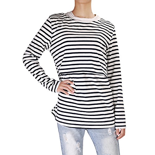 UTOVME Mujeres Camiseta de Lactancia Premamá Camisa de Maternidad Ropa de Enfermería, Rayado de Mangas Largas Azul Oscuro L