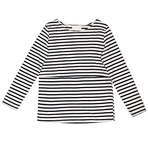 UTOVME Mujeres Camiseta de Lactancia Premamá Camisa de Maternidad Ropa de Enfermería, Rayado de Mangas Largas Azul Oscuro L