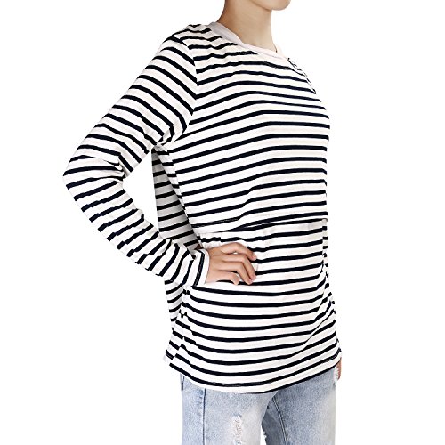 UTOVME Mujeres Camiseta de Lactancia Premamá Camisa de Maternidad Ropa de Enfermería, Rayado de Mangas Largas Azul Oscuro L