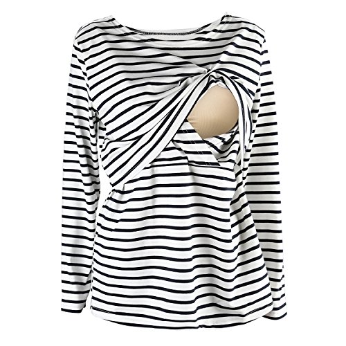 UTOVME Mujeres Camiseta de Lactancia Premamá Camisa de Maternidad Ropa de Enfermería, Rayado de Mangas Largas Azul Oscuro L