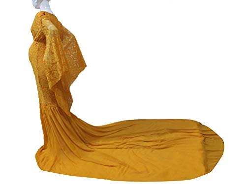 vannawong Vestido de maternidad elástico de encaje para mujer, manga larga, cuello en V, sirena, fiesta de bebé, fotografía sexy, para sesión de fotos amarillo mostaza XL