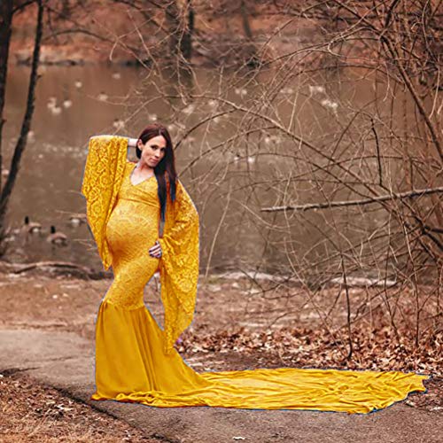 vannawong Vestido de maternidad elástico de encaje para mujer, manga larga, cuello en V, sirena, fiesta de bebé, fotografía sexy, para sesión de fotos amarillo mostaza XL