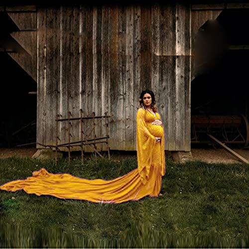 vannawong Vestido de maternidad elástico de encaje para mujer, manga larga, cuello en V, sirena, fiesta de bebé, fotografía sexy, para sesión de fotos amarillo mostaza XL