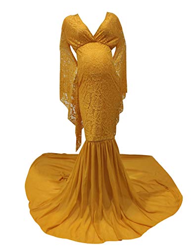 vannawong Vestido de maternidad elástico de encaje para mujer, manga larga, cuello en V, sirena, fiesta de bebé, fotografía sexy, para sesión de fotos amarillo mostaza XL