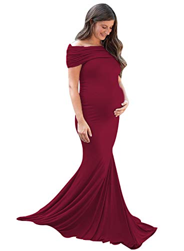 vannawong Vestido de mujer de algodón suave con hombros descubiertos, vestido de sirena para baby shower, fiesta de fotografía, estudio, sesión de fotos, vestido para embarazadas y madres. granate XL