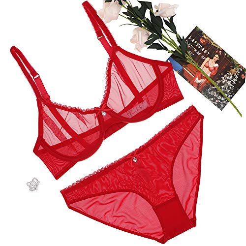 Varsbaby Mujer Ver-a través de Encaje Transparente Bra Everyday Conjuntos de lencería (ES:100B = EU:85B, Rojo Brillante)