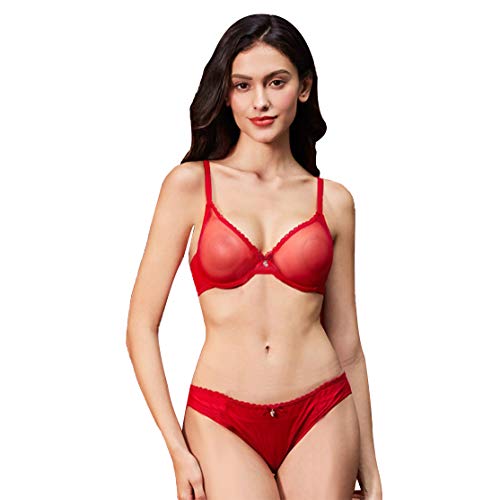 Varsbaby Mujer Ver-a través de Encaje Transparente Bra Everyday Conjuntos de lencería (ES:100B = EU:85B, Rojo Brillante)