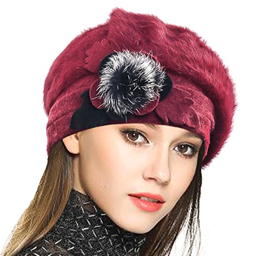 VECRY Mujeres Lana Boinas Angola Gorro Casquete Invierno Sombrero (Burdeos)