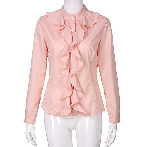 Vectry Blusa para Mujer，De Color Sólido，con Manga Larga，Blusa De Color Liso，con Botones，con Cuello De Pie， Blusa con Volante (Rose, M)