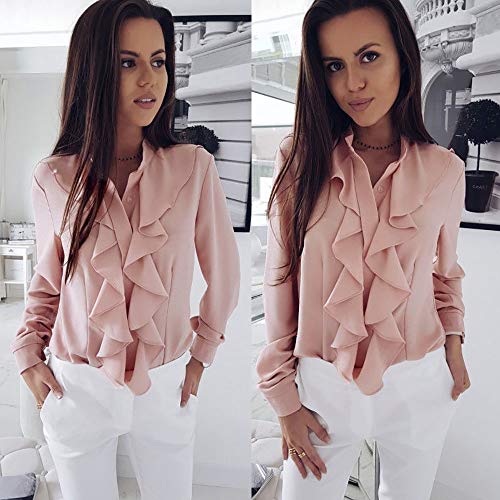 Vectry Blusa para Mujer，De Color Sólido，con Manga Larga，Blusa De Color Liso，con Botones，con Cuello De Pie， Blusa con Volante (Rose, M)