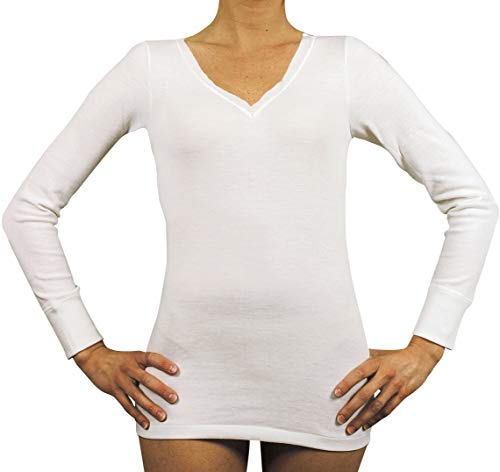 Velan 40202 (Talla 6 Blanco) - Camiseta térmica Manga Larga Cuello en V Ropa Interior para Mujer Lana y algodón