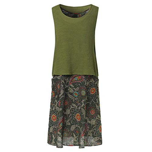 VEMOW 2PC Falda Mujer Diario Algodón Lino Vintage Print Sin Mangas Loose Plus Size Maxi Dress Vestido(Ejercito Verde,5XL)