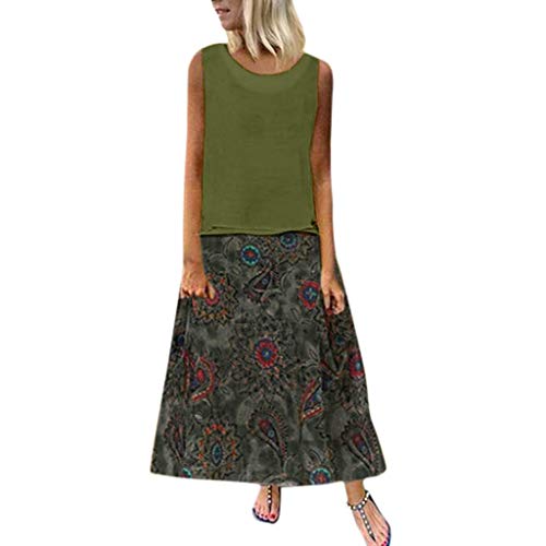 VEMOW 2PC Falda Mujer Diario Algodón Lino Vintage Print Sin Mangas Loose Plus Size Maxi Dress Vestido(Ejercito Verde,5XL)