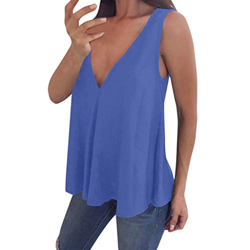 VEMOW Cami Tops Camiseta con Cuello en V para Mujer Camiseta sin Mangas Chaleco de Verano Blusa Talla Grande(Azul,S)