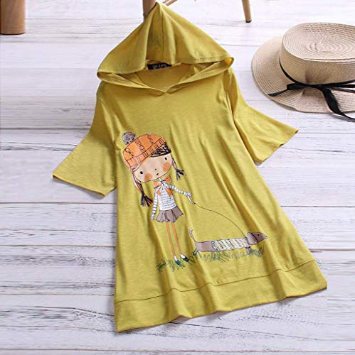 VEMOW Camiseta de Manga Corta con Capucha y Estampado de Dibujos Animados Casual para Mujer tamaño Extra Top Blusa(Amarillo,L)