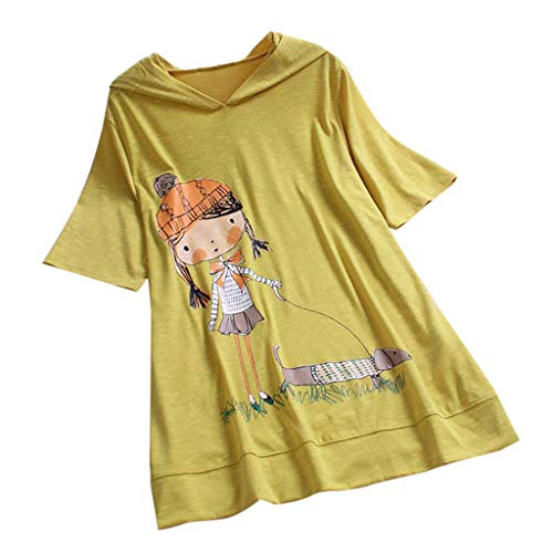 VEMOW Camiseta de Manga Corta con Capucha y Estampado de Dibujos Animados Casual para Mujer tamaño Extra Top Blusa(Amarillo,L)