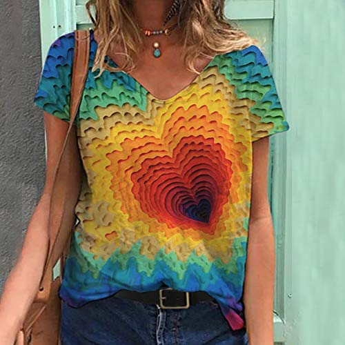 VEMOW Camiseta de Mujer Manga Corta Suelta con Cuello en V, Verano Viento De Playa Estampado Libélula Informal A La Moda Basica Blusa Superior Jersey Camisetas Mujer Fiesta Plus Size(B Amarillo,XL)
