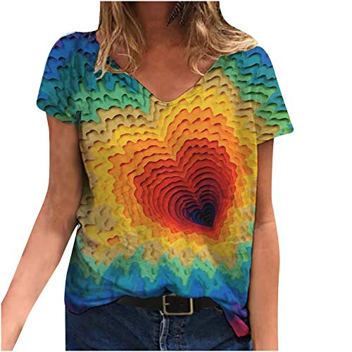 VEMOW Camiseta de Mujer Manga Corta Suelta con Cuello en V, Verano Viento De Playa Estampado Libélula Informal A La Moda Basica Blusa Superior Jersey Camisetas Mujer Fiesta Plus Size(B Amarillo,XL)