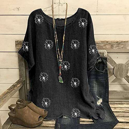 VEMOW Camiseta de Mujer Manga Corta Suelta con Cuello Redondo, Impresión de Diente de León Basica Camiseta Suelto Verano Camisa Tops Primavera Shirts Casual Fiesta T-Shirt Original tee(A Negro,XL)