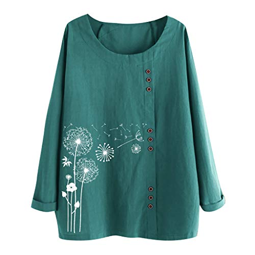 VEMOW Camiseta Mujer Elegantes Grandes Casual Verano 2019 Talla Extra O-Cuello Impresión Suelto Botón Manga Larga Blusa Tops Blusa T-Shirt Parte Superior Tops(C Verde,3XL)