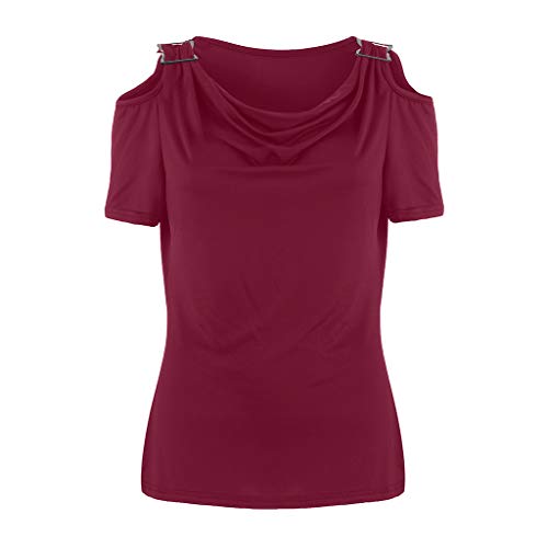 VEMOW Camisetas Camisa Casual con Cuello drapeado de Manga Corta para Mujer Camiseta de Manga Corta(Vino, M)