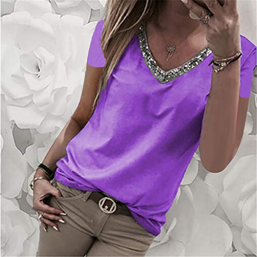 VEMOW Camisetas Moda Mujer Casual Lentejuelas de Manga Corta con Cuello en v Tops Blusa Casual Camiseta(Púrpura,M)